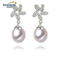 White Color Drop Shape 8-9mm AAA Pearl Earring Sterling Silver Freshwater White Pearl Earrings